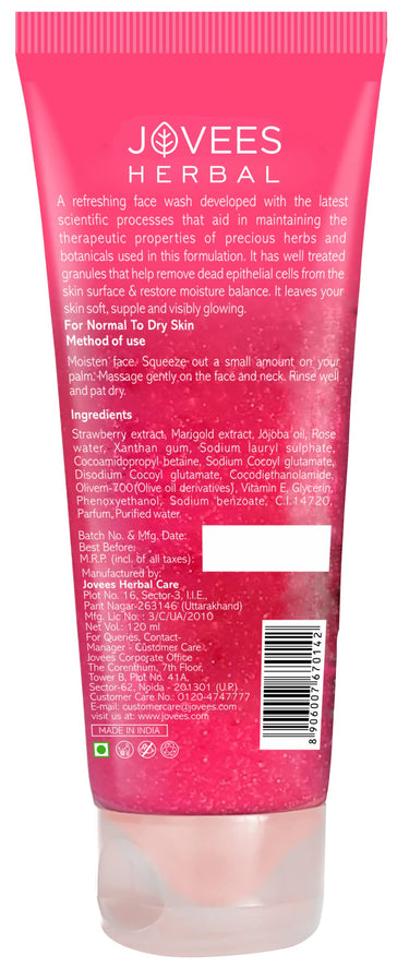 Jovees Herbal Strawberry Face Wash For Hydrating & Glowing Skin with Strawberry Ext. | Gentle Cleanser For Brightens Skin, Removes Pigmentation | For Normal to Dry Skin Types - 120ML